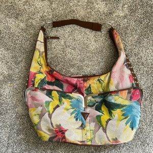 GAL Purse, floral/tropical pattern with brown handles